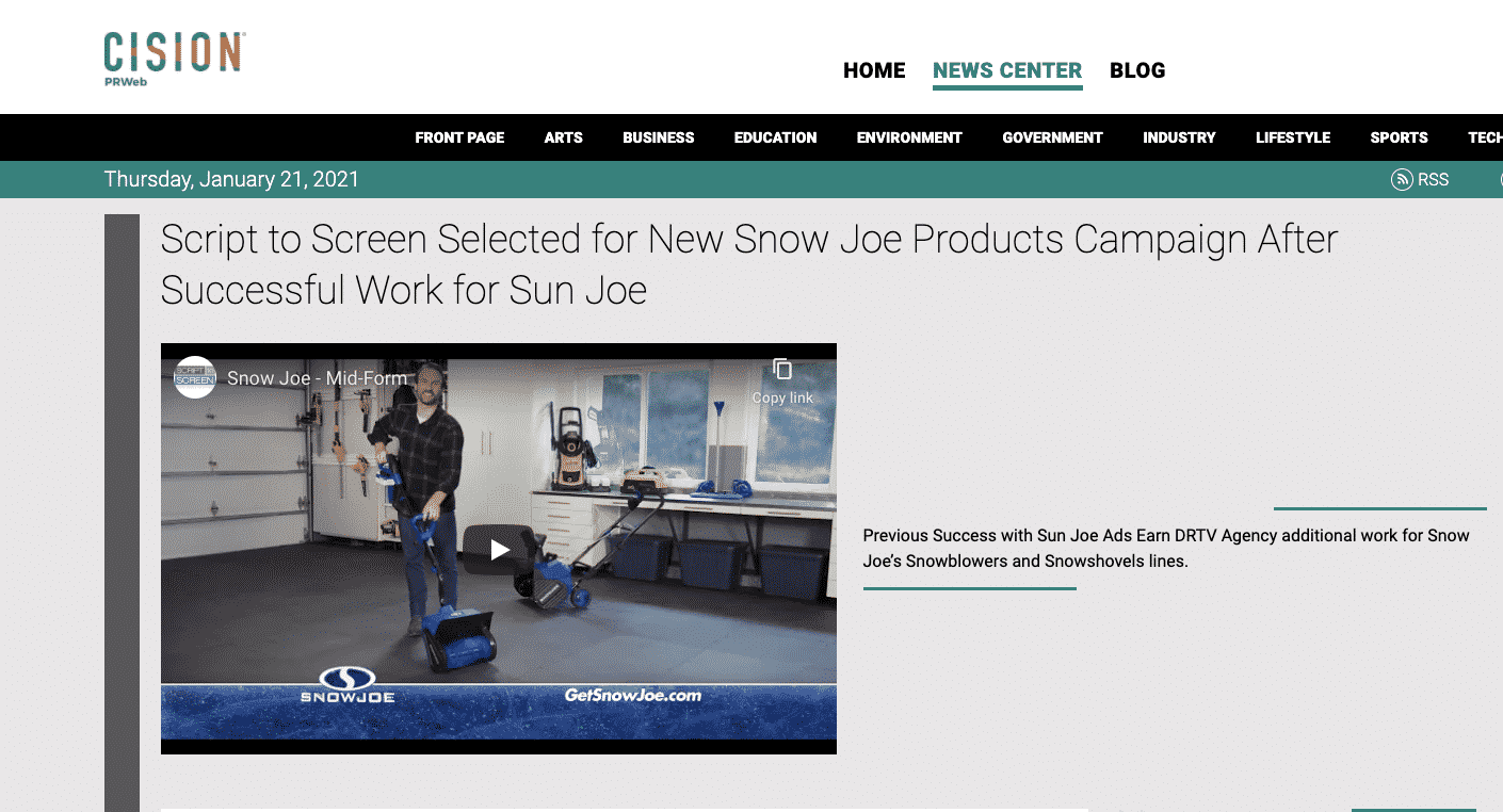 Script to Screen Selected for New Snow Joe Products Campaign After Successful Work for Sun Joe