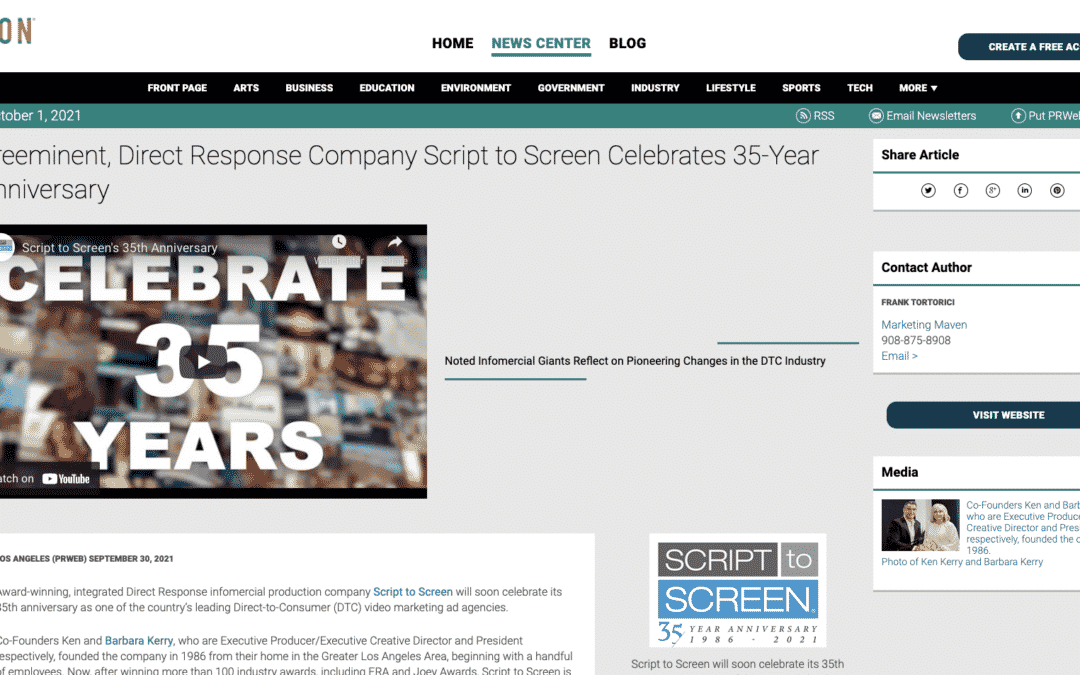 Preeminent, Direct Response Company Script to Screen Celebrates 35-Year Anniversary